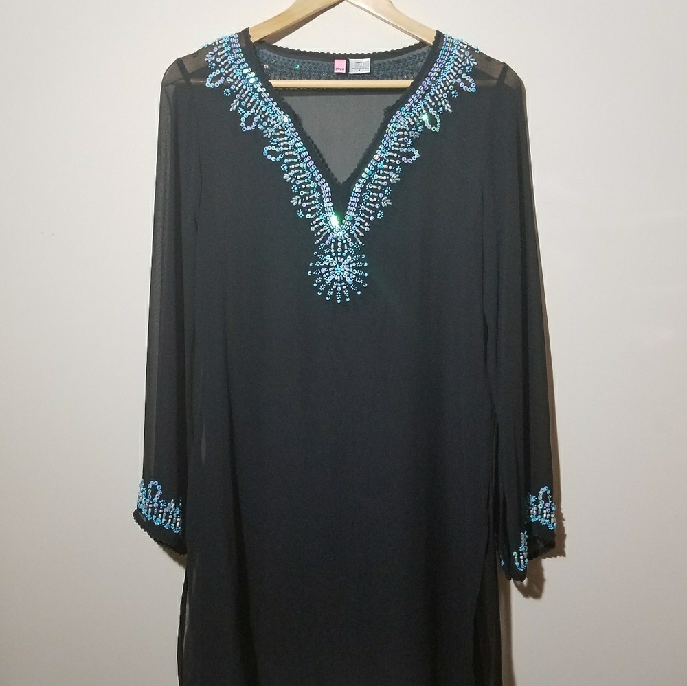 100% Silk Itsu Sheer Black Beaded Sequin Tunic